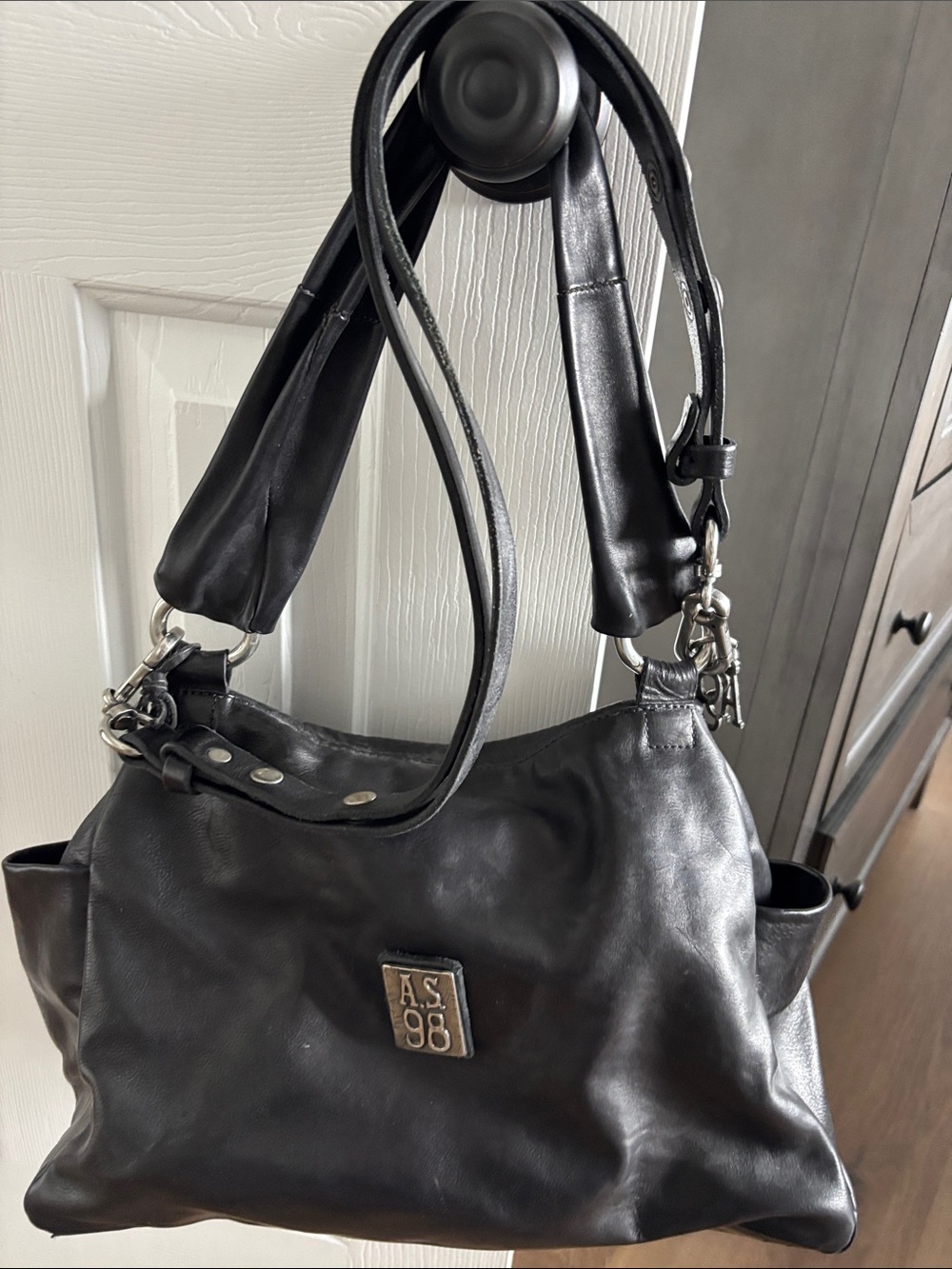 A.S.98 Black Leather Double-Strap Shoulder Bag